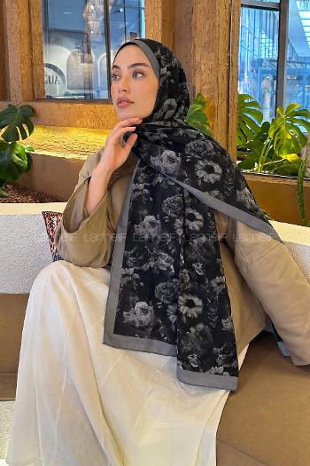 Lamelif Gül Çiçek Desen Lara Soft Şal Siyah