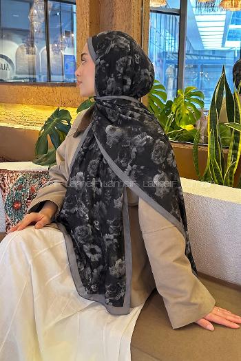 Lamelif Gül Çiçek Desen Lara Soft Şal Siyah