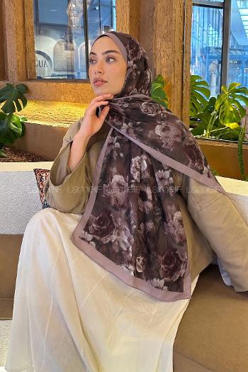 Lamelif Gül Çiçek Desen Lara Soft Şal Soft Kahve