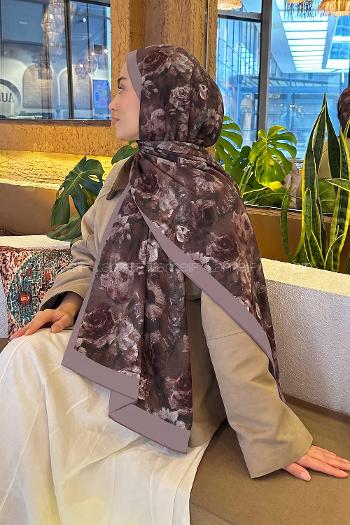 Lamelif Gül Çiçek Desen Lara Soft Şal Soft Kahve