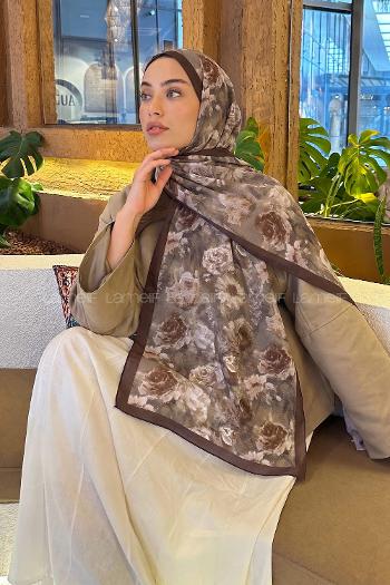 Lamelif Gül Çiçek Desen Lara Soft Şal Toprak