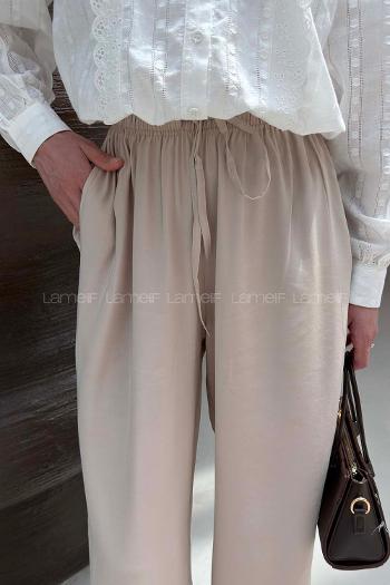 Lamelif Bağcıklı Tensel Pantolon Bej