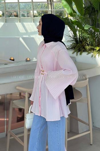 Lamelif Gold Toka Bağlamalı Pliseli Salaş Gömlek Pembe