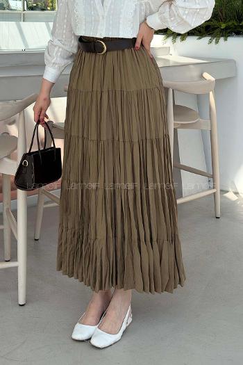 Lamelif Kat Detaylı Kemerli Etek Soft Kahve