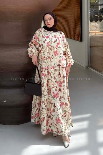 Lamelif Katleya Çiçek Desenli Elbise Krem