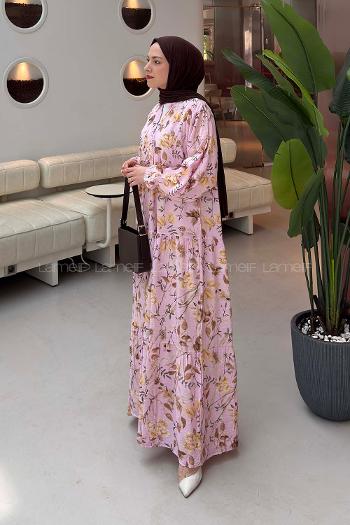 Lamelif Katleya Çiçek Desenli Elbise Pembe