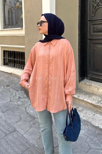 Lamelif Kol Katlamalı Çizgili Gömlek Somon