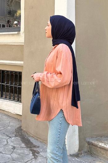 Lamelif Kol Katlamalı Çizgili Gömlek Somon