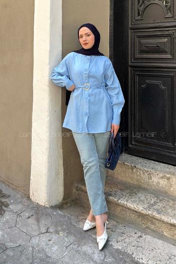 Lamelif Ön Çiçek Detaylı Bağlamalı Gömlek Bebe Mavisi