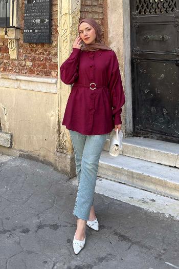 Lamelif Ön Çiçek Detaylı Bağlamalı Gömlek Bordo