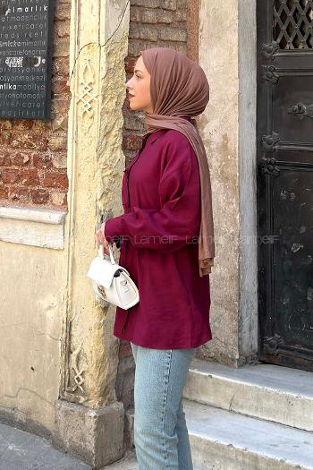 Lamelif Ön Çiçek Detaylı Bağlamalı Gömlek Bordo