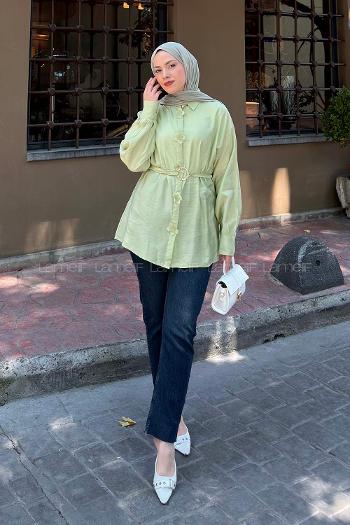 Lamelif Ön Çiçek Detaylı Bağlamalı Gömlek Çağla Yeşili