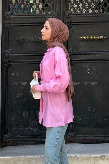 Lamelif Ön Çiçek Detaylı Bağlamalı Gömlek Pembe