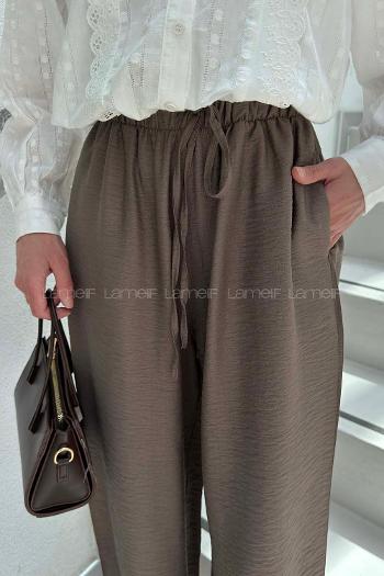 Lamelif Paçası Lastikli Bağcıklı Pantolon Kahverengi