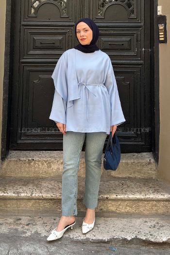 Lamelif Pelerin Detaylı Oversize Tunik Bebe Mavisi