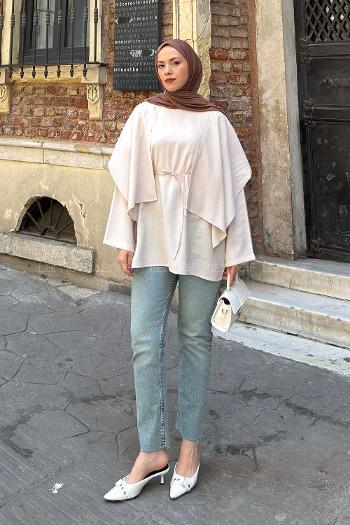 Lamelif Pelerin Detaylı Oversize Tunik Bej
