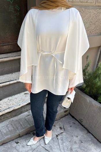 Lamelif Pelerin Detaylı Oversize Tunik Beyaz