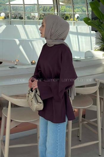 Lamelif Pelerin Detaylı Oversize Tunik Mürdüm