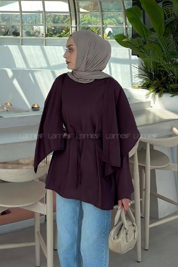 Lamelif Pelerin Detaylı Oversize Tunik Mürdüm