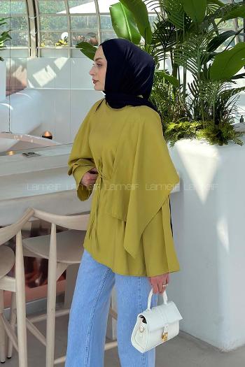 Lamelif Pelerin Detaylı Oversize Tunik Yağ Yeşili