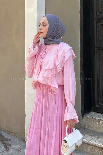 Lamelif Volan Detaylı Çizgili Gömlek Pudra