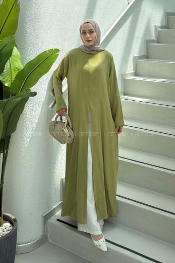 Lamelif Yırtmaç Detaylı Abaya Model Elbise Çağla Yeşili
