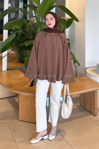 Lamelif Çizgi Detaylı Oversize Tesettür Gömlek Kahverengi