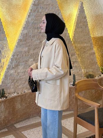 Lamelif Metal Düğme Kapama Oversize Ceket Bej