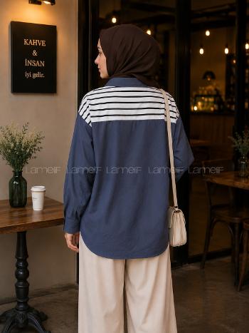Navy Blue Shirt Collar Long Arm Polyester Cotton Fabric Shirt