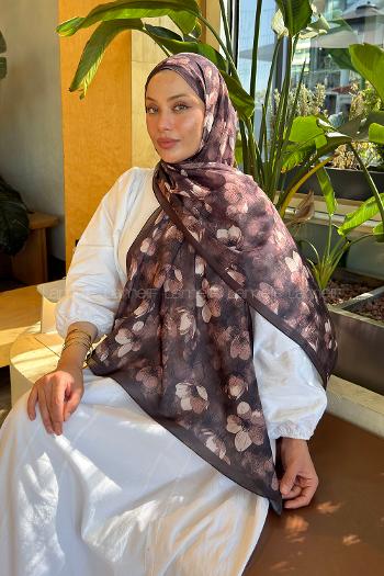 Lamelif Çiçek Desen Lara Soft Şal Acı Kahve