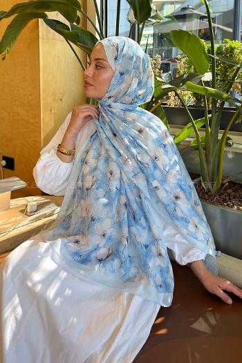 Lamelif Çiçek Desen Lara Soft Şal Bebe Mavisi