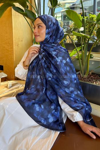 Lamelif Çiçek Desen Lara Soft Şal Lacivert