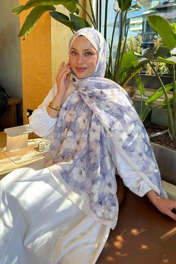 Lamelif Çiçek Desen Lara Soft Şal Lila
