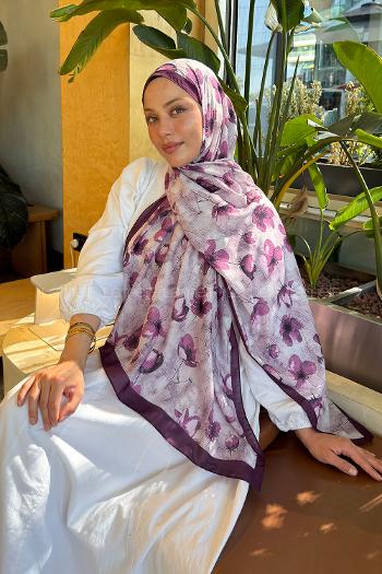 Lamelif Çiçek Desen Lara Soft Şal Mürdüm