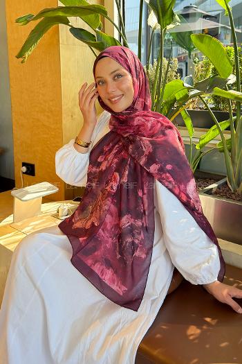 Lamelif Gül Çiçek Desen Lara Soft Şal Bordo