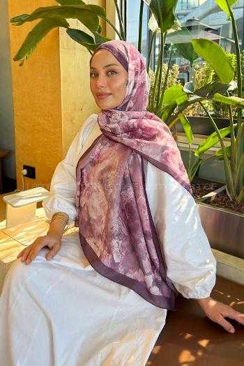 Lamelif Gül Çiçek Desen Lara Soft Şal Eflatun
