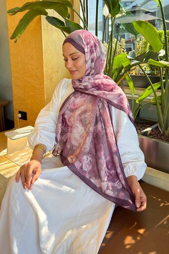 Lamelif Gül Çiçek Desen Lara Soft Şal Eflatun