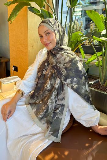 Lamelif Gül Çiçek Desen Lara Soft Şal Haki