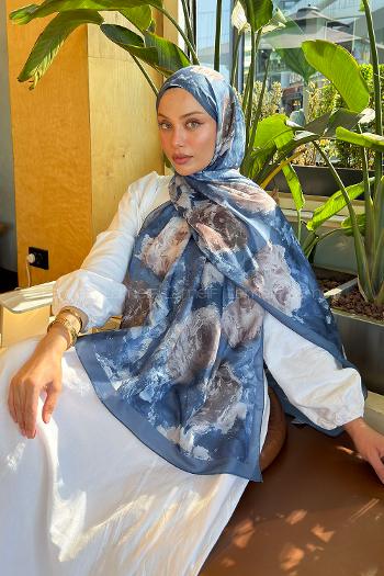 Lamelif Gül Çiçek Desen Lara Soft Şal Kot Mavi