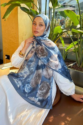 Lamelif Gül Çiçek Desen Lara Soft Şal Kot Mavi