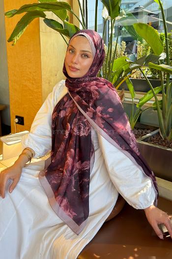 Lamelif Gül Çiçek Desen Lara Soft Şal Koyu Bordo
