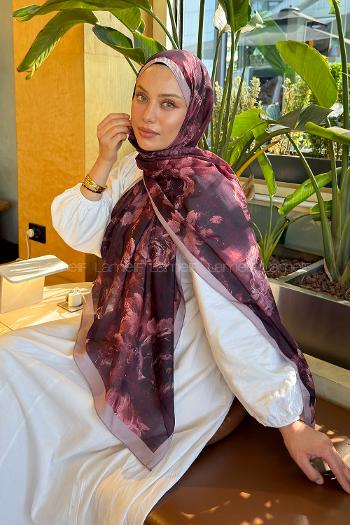 Lamelif Gül Çiçek Desen Lara Soft Şal Koyu Bordo