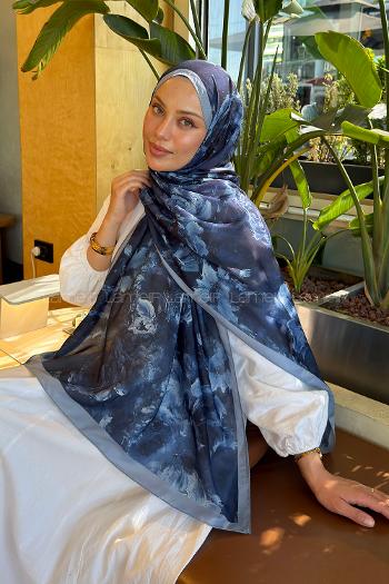Lamelif Gül Çiçek Desen Lara Soft Şal Lacivert