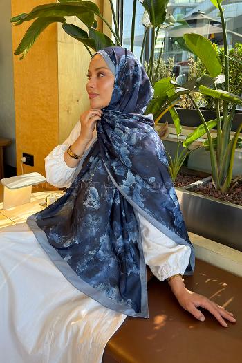 Lamelif Gül Çiçek Desen Lara Soft Şal Lacivert