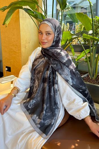Lamelif Gül Çiçek Desen Lara Soft Şal Siyah