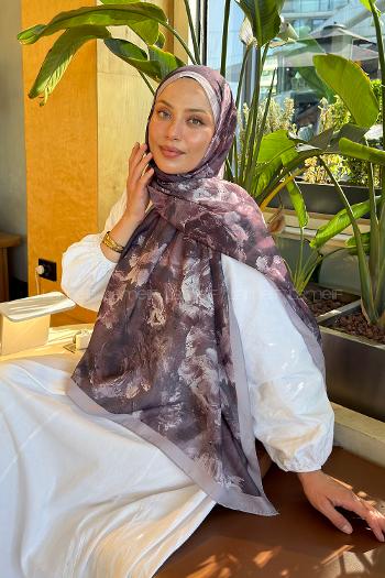 Lamelif Gül Çiçek Desen Lara Soft Şal Soft Kahve