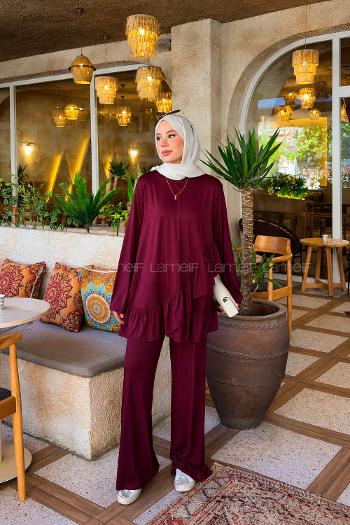 Lamelif Asimetrik Fırfır Detaylı Pantolonlu Takım Bordo
