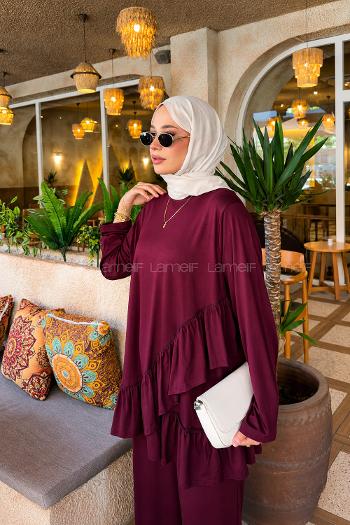 Lamelif Asimetrik Fırfır Detaylı Pantolonlu Takım Bordo