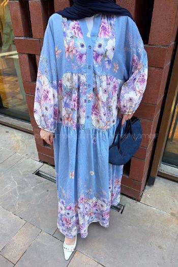 Lamelif Çiçek Detaylı Elbise Bebe Mavisi