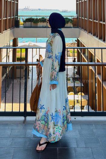 Lamelif Çiçek Detaylı Elbise İndigo-Krem